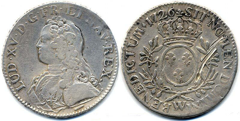 france-1-ecu-1726.jpg. Louis XV., Ècu aux Lauriers, argent 1726 w Lille.