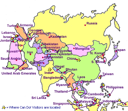 labeled map of Asia with a star marking countries where Can Do! visitors are 