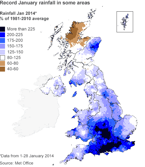 A map of the UK showing rainfall compared to the January average