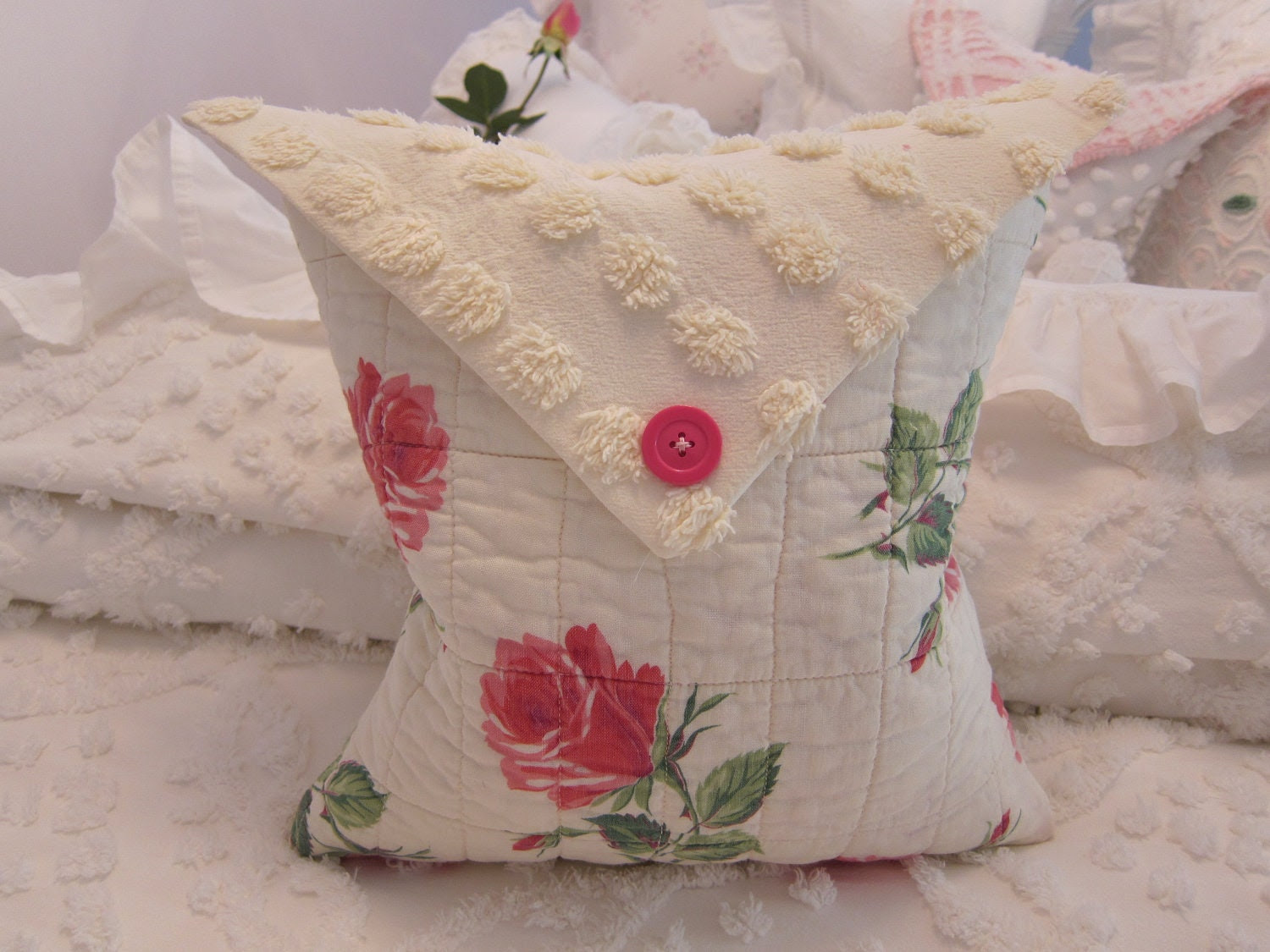 Vintage Whole Cloth Quilt Piece Pillow w Roses & by PillowLovelies