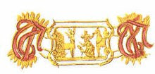 Three links from the collar of the Order; the intertwined initials of the motto, in trau vast (firm in fidelity) are intertwined and in alternating links, the carved image of Saint Hubert and the animals.