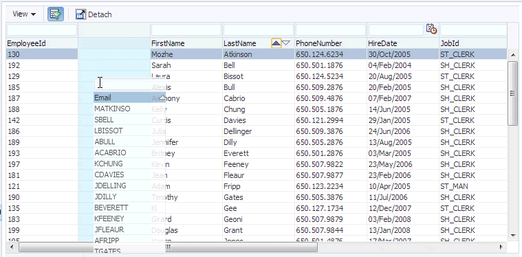 As above with cursor moving Email column to alternative location.
