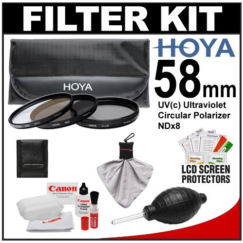 Canon Optical Lens and Digital SLR Camera Cleaning Kit with Brush, Microfiber Cloth, Fluid & Tissue + Hurricane Blower With Hoya 58mm 3-Piece Digital Filter Set (HMC UV Ultraviolet, Circular Polarizer & ND8 Neutral Density) with Case for EOS 1Ds, 1Ds Mark II, III, IV, 40D, 50D, 60D, 5D, 7D, Rebel XT, XTi, XS, XSi, T1i & T2i