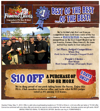 Best Coupons and Deals – Famous Dave’s – $10 off | Sharing it Forward