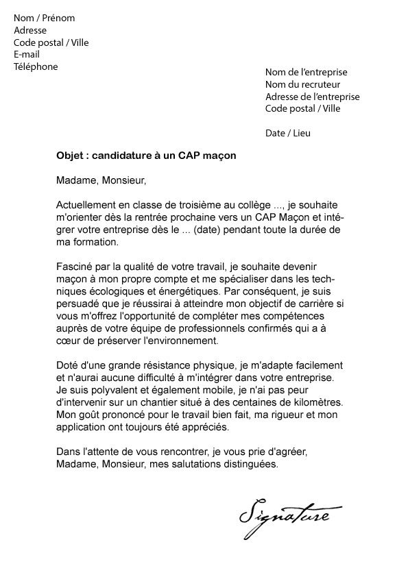 Lettre de motivation CAP Maçon - Modèle de Lettre