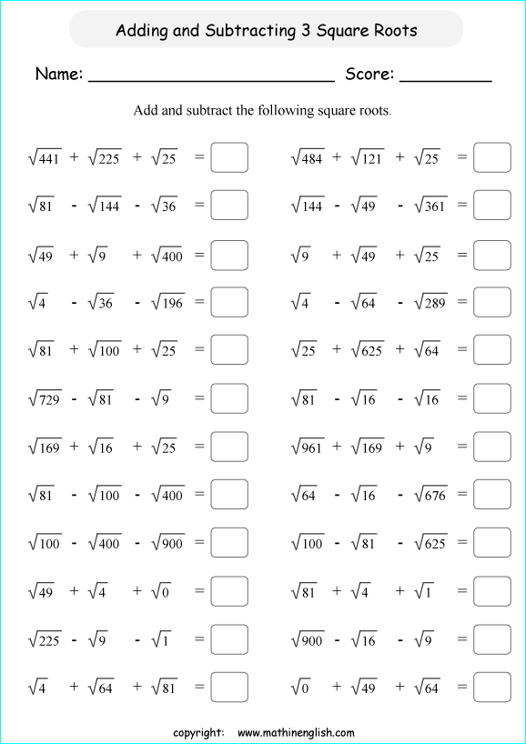 Add Or Subtract 3 Perfect Square Roots Math Worksheet Or Grade 6 ...