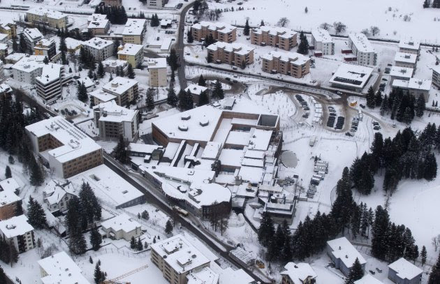 An areal view of the Congress Center in Davos, Switzerland, Tuesday, Jan. 22, 2013, the day before the start of the annual meeting of the World Economic Forum. (AP Photo/Michel Euler)