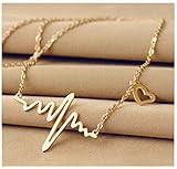 Bestpriceam New Women EKG Necklace Heartbeat Rhythm with Love Heart Shaped (Gold)