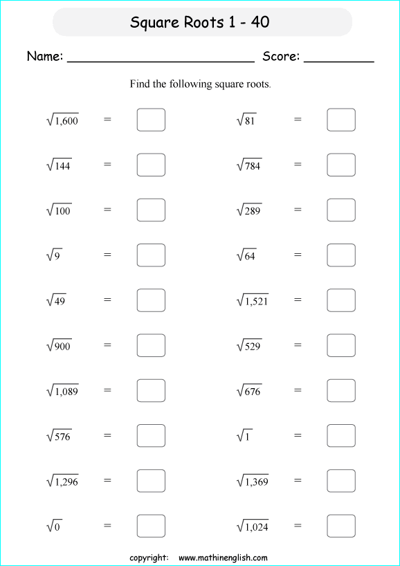 Square root worksheet for grade 6 and up. Find the square roots of 1 to ...