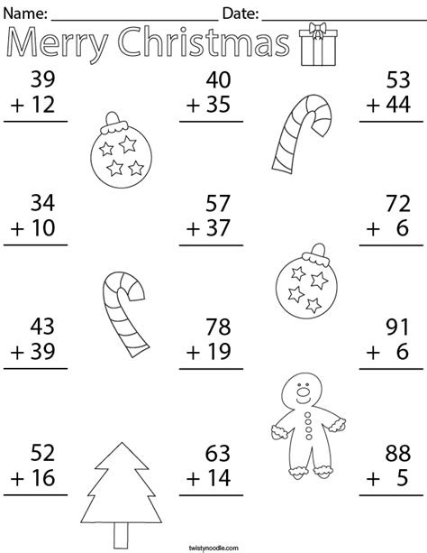 Webtwo digit addition exercises in vertical format. christmas double digit addition math worksheet twisty noodle
