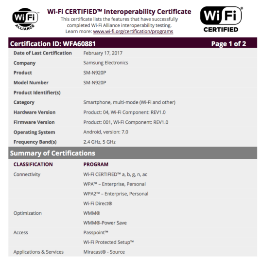 Samsung Galaxy Note 5 SM-N920P Sprint Android 7.0 Wi-FI Certification