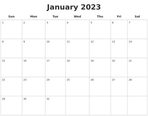  january 2023 blank calendar pages