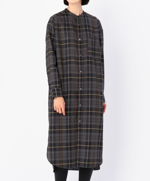 Le Le ロングシャツワンピース Glazik ルグラジック のファッション ウールチェック Glazik Women シャツワンピース Le