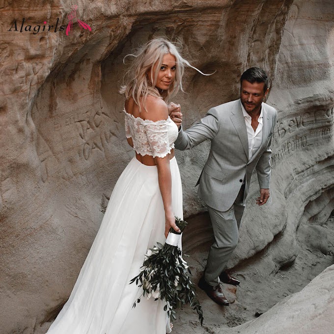 [Promo] Simple 2 pieces Boho Wedding Dress Off Shoulder Half Sleeves Lace Wedding Gowns Floor Length Beach Vestidos de novia Summer