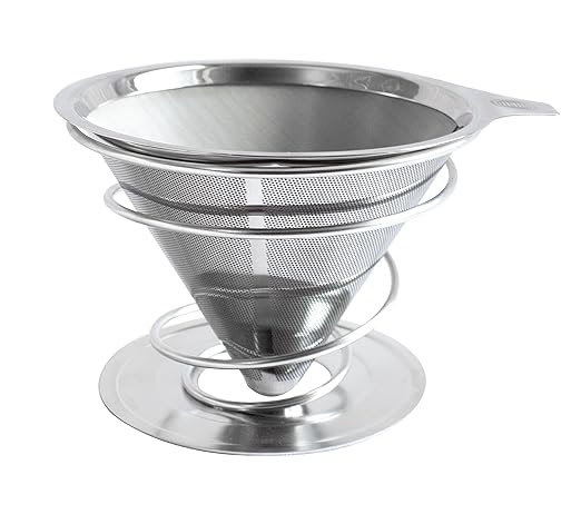 Oishii Pour Over Coffee Dripper and Reusable Brewer - Stainless Steel Filter with Unique Spiral Base