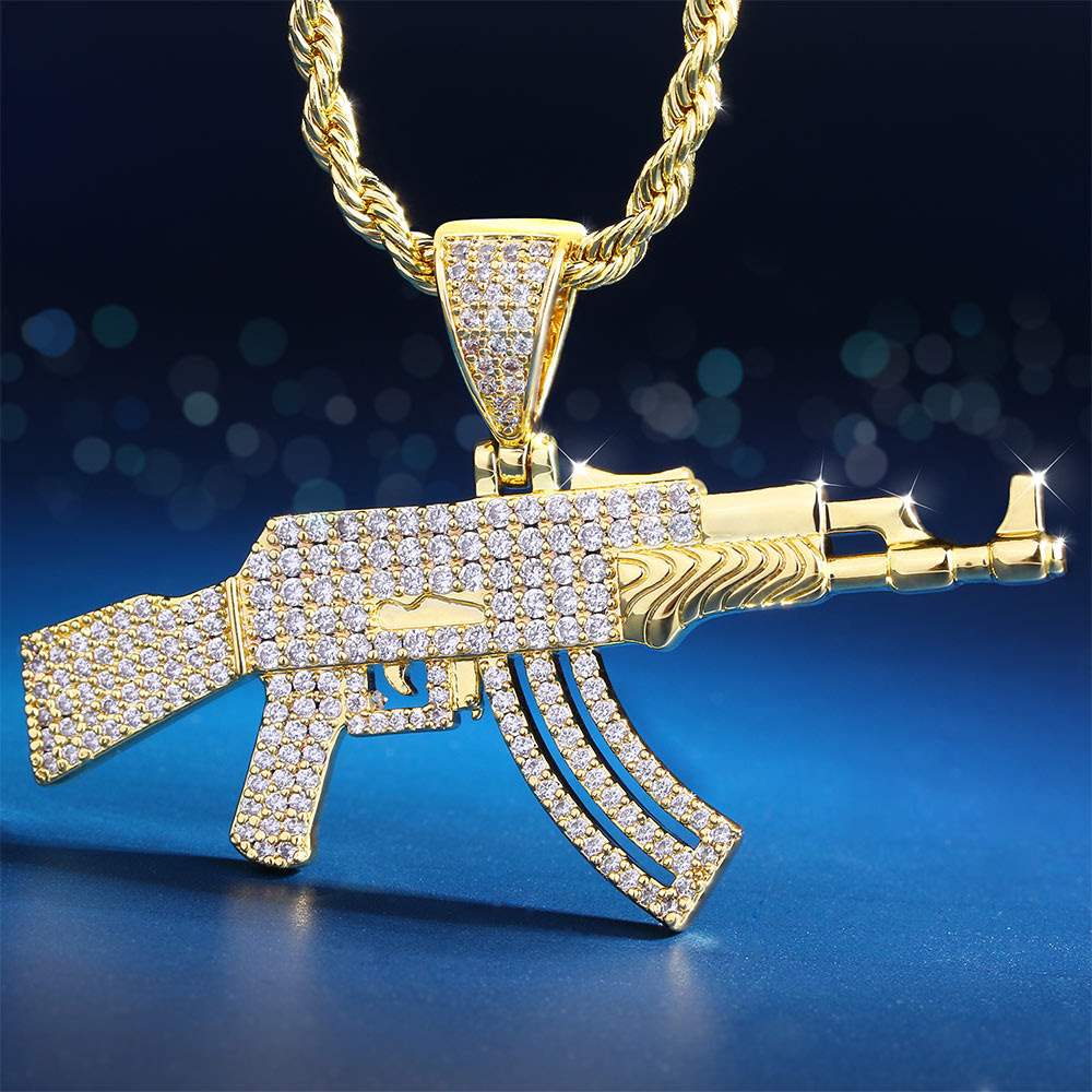 Iced AK47 Rifle Pendant 14K Gold Plated