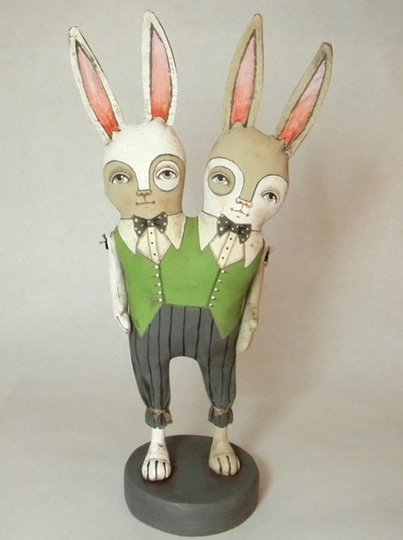 Conjoined Bunny Rabbit Twins-- Contemporary Folk Art Doll-- Made to order within a week