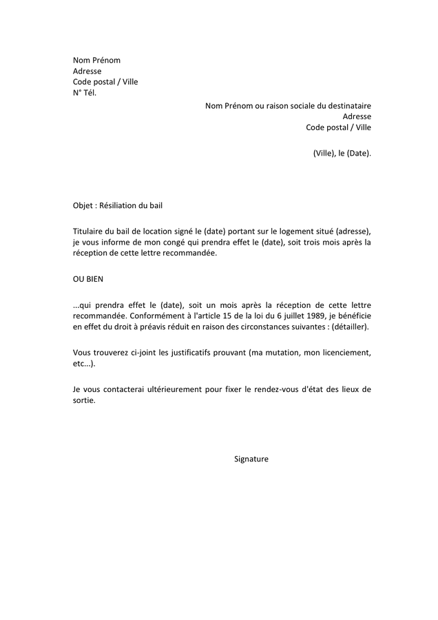 exemple lettre de preavis 1 mois mutation