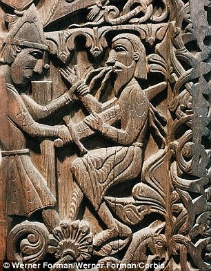 These wooden carvings from a 12th century church in Norway show scenes of sword ending from a legend