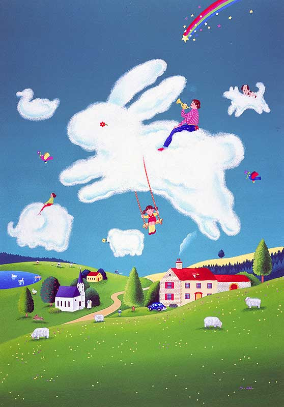 ウサギの形をした雲に乗る人と遊ぶ女の子のメルヘンイラスト ストックイラスト 衛星写真素材blog 株式会社アートバンク オフィシャルブログ