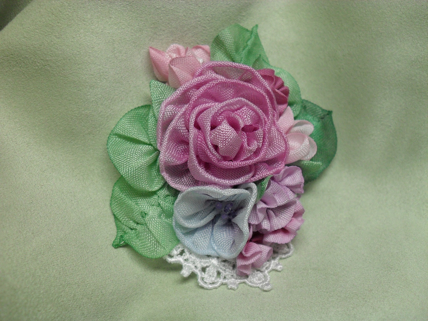 Ribbon flower pin brooch   hand dyed  ribbonwork rose  flowers