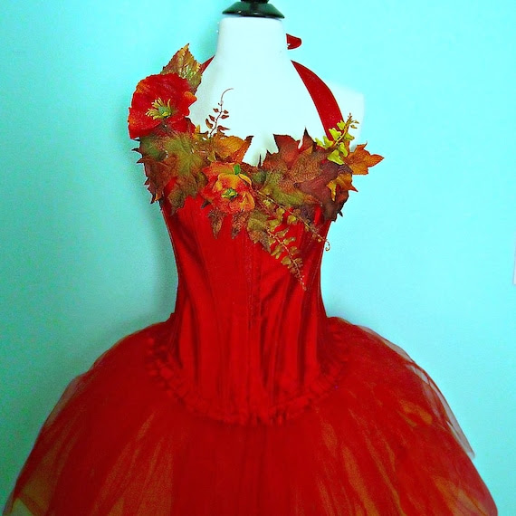 August Sale - Fairy Costume - adult size medium corset top and tutu - Woodland Faerie in red and gold