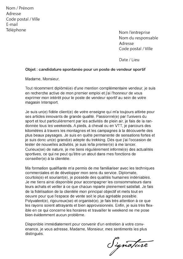 exemple lettre de motivation vendeur sport