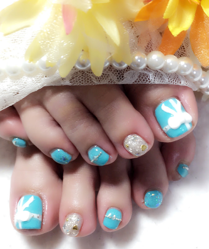 ティファニーリボン風3ｄフットネイル 大阪府松原市天美 プチプラネイルサロン Thi Room てぃーる む