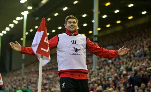 LIVERPOOL, ENGLAND - Saturday, November 29, 2014: Liverpool's substitute captain Steven Gerrard during the Premier League match against Stoke City at Anfield. (Pic by David Rawcliffe/Propaganda)