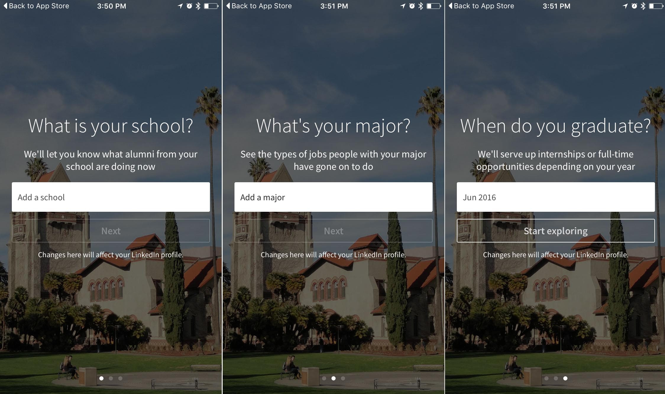 Screenshots of the on-boarding process for the LinkedIn Students iOS app.