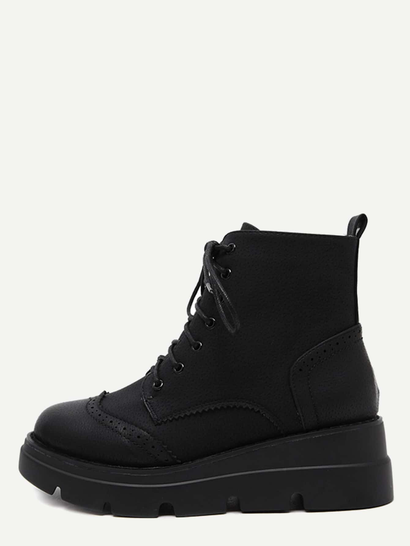 Black PU Wingtip Lace Up Wedge Short Boots
