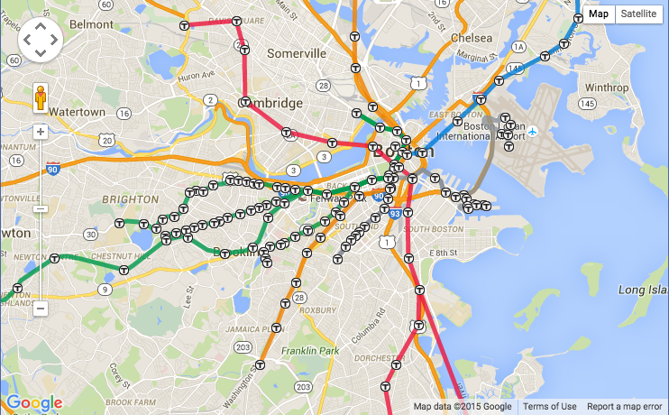 Boston Subway Map With Streets This geographically accurate MBTA map shows its many twists and 