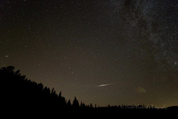 View larger. Keith Breazeal's photo of a meteor streaking past the Big Dipper. Perseid Meteor Shower 12-13 Aug 2015. One of the many captured last night at the Bear River Dam in the California Sierra Nevada mountains. This one was at 10:32 Canon 5D Mark III Rokinon 14mm f2.8 25 seconds ISO 5000. Thank you Keith!