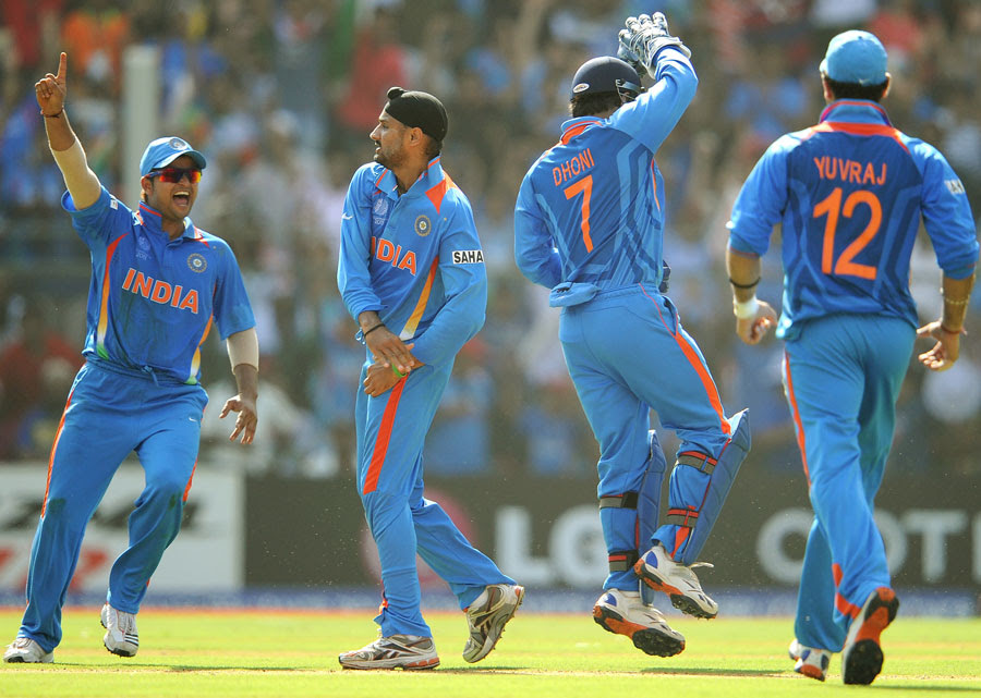 The Indian fielders celebrate the dismissal of Tillakaratne Dilshan