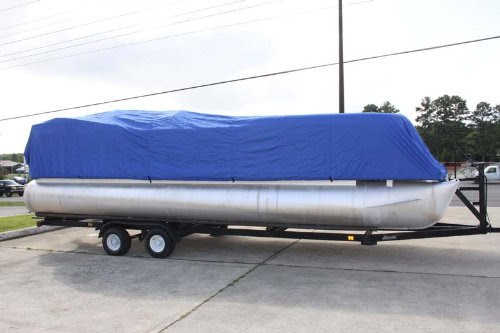 BRAND NEW BLUE ULTRA PONTOON BOAT COVER BEST AVAILABLE TRI-PURPOSE FOR STORAGE MOORING OR TRAILERING HAS ELASTIC AND STRAPS FITS 21 22 23 24 FT LONG