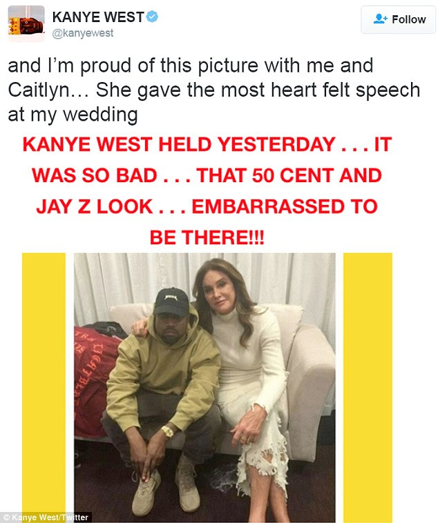 Supportive: Kanye also took to Twitter to defend Caitlyn Jenner after cruel jibes against the star that came along with critiques of Kanye's new collection
