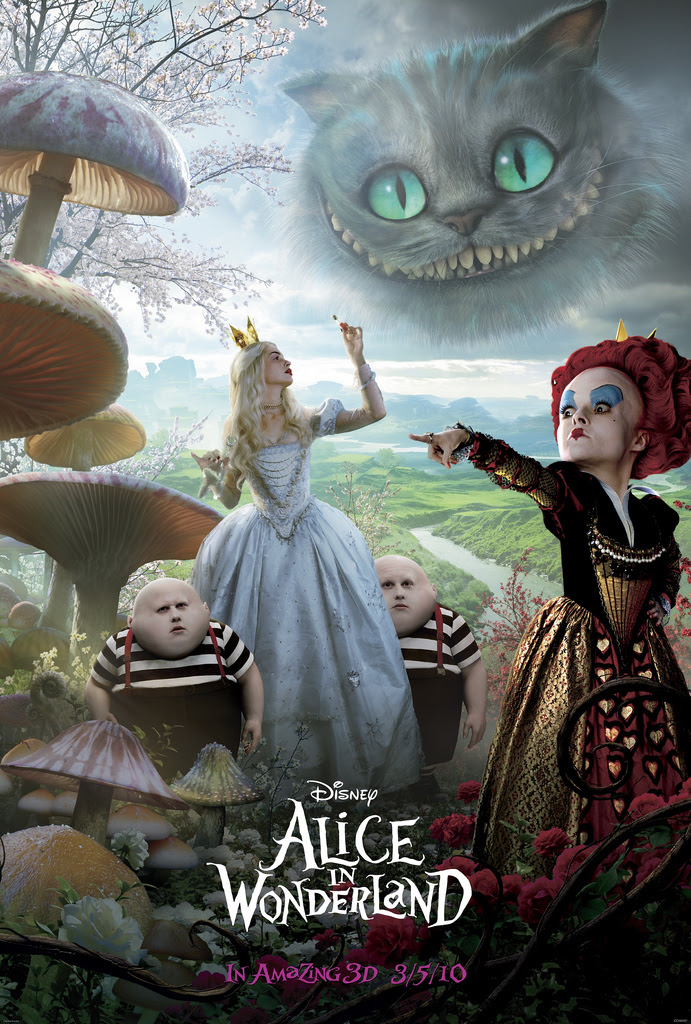 Alice in Wonderland 2010 movie red queen, chesire cat, white queen poster