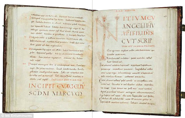 It's not known whether the diagram was used to teach people or was private aid for meditation, or whether it was an exercise designed to be repeated again and again. The volume was treasured but practical so that Gospels, such as these pages from the Gospel of Mark, could be read aloud