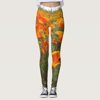 Orange Poppy Field of Flowers Leggings