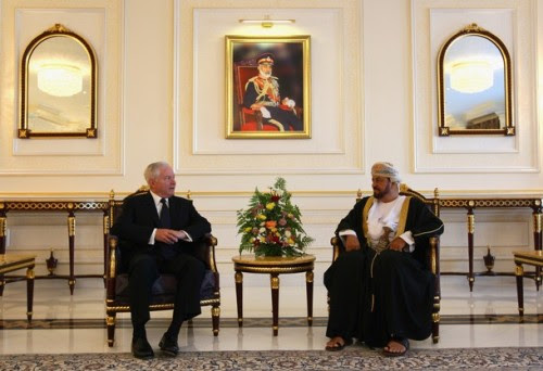 MUSCAT, OMAN - DECEMBER 05: U.S. Secretary of Defense Robert Gates (L) meets with Sayyid Badr bin Saud bin Harib al-Busaidi (R), Defense Minister in Oman on December 5, 2010 in Muscat, Oman. Oman is the first stop in a visit to the Arabian Sea region for Gates. (Photo by Win McNamee/Getty Images)