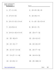 Order of Operations Worksheet for 5th - 7th Grade | Lesson Planet