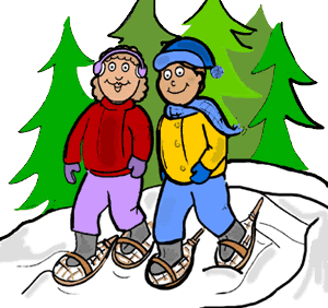 Snowshoeing in the mountains winter scene clipart image.