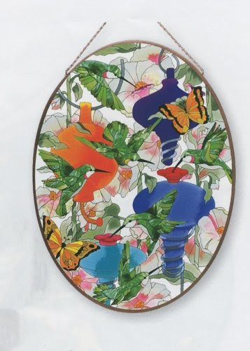 Hummingbird Feeders Metal-Framed Stained Glass Art Panel 14.25 W X 19.25 H Joan Baker Designs APM716