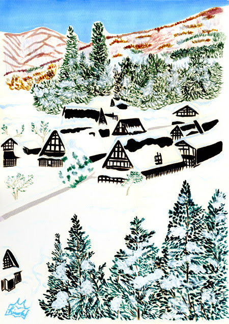 オリジナルイラスト 白川郷 五箇山の合掌造りの集落の冬景色 風景イラスト 景色イラスト 本山浩子のイラストファイル News
