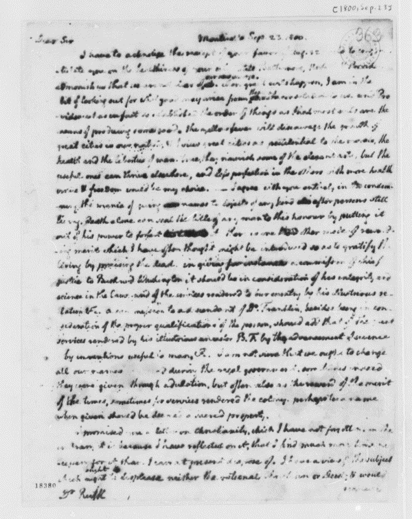 Image 1 of Thomas Jefferson to Benjamin Rush, September 23, 1800, with Copy  | Library of Congress