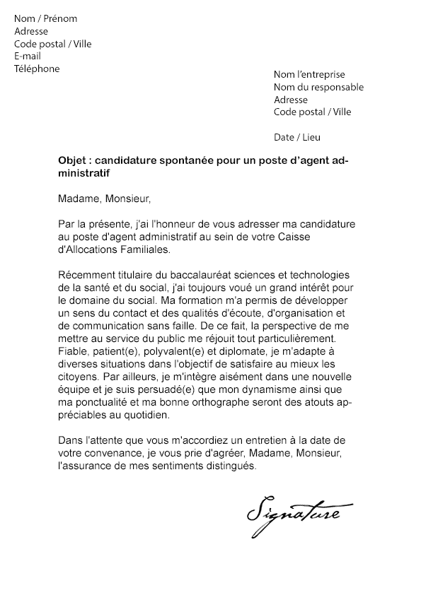 Lettre de motivation CAF (Agent administratif) - Modèle de 