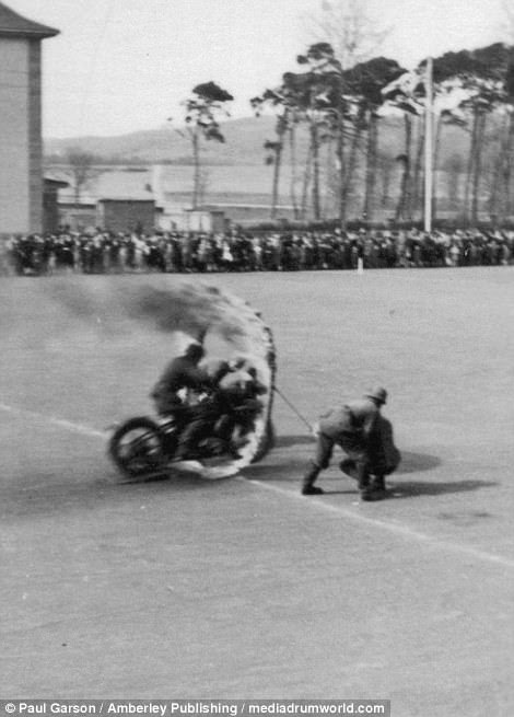 The motorbikes were put to use for propaganda on the home front, with displays before large crowds used to boost morale
