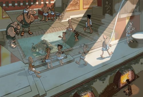 Ilustração didática de um Thermae público na antiga Roma. Frequentar o Thermae, diariamente, fazia parte da vida social na antiga roma. Os banhos públicos eram lugares onde os romanos podiam práticar esportes, fazer a higiene pessoal, realizar negócios. Os Thermae eram um lugar de socialização, de desenvolvimento de atividades para mulheres e homens que iam tomar banhos de imersão e conversar, como hoje em dia, em um clube.