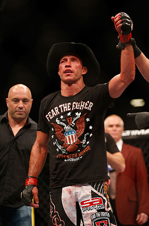 LAS VEGAS, NV - MAY 25:   Donald Cerrone reacts to his victory over Karl Noons in their lightweight bout during UFC 160 at the MGM Grand Garden Arena on May 25, 2013 in Las Vegas, Nevada.  (Photo by Josh Hedges/Zuffa LLC/Zuffa LLC via Getty Images)  *** Local Caption *** Donald Cerrone; Karl Noons