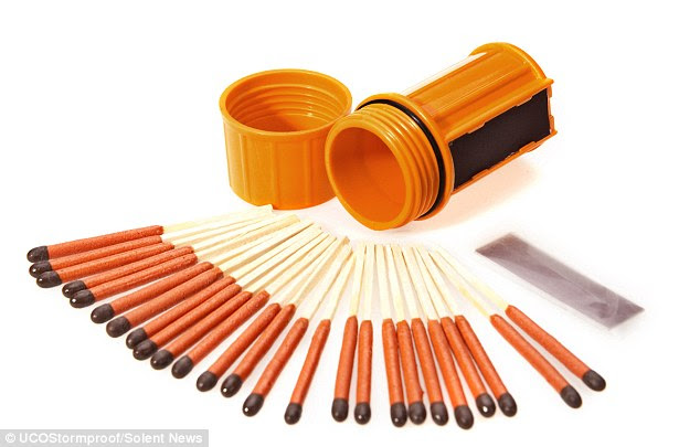 Indestructable: The UCO Stormproof Matches (pictured) are made using an incredibly tough coating that smoulders no matter what happens to it and will start burning again once it comes into contact with oxygen